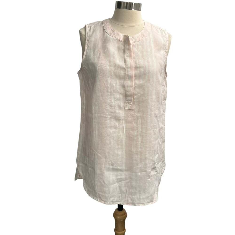 ELLEN TRACY 100% Linen Soft Pink & White Sleeveless Vertical Stripe Top Medium